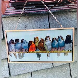 Glassmaster A.I.C. 10" HAND PAINTED SUN CATCHER BIRDS on PERCH framed with chain